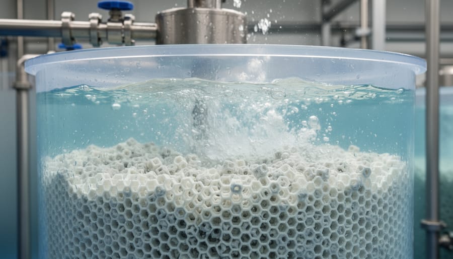 Plastic bio-media tumbling in a moving bed bioreactor tank for pond filtration