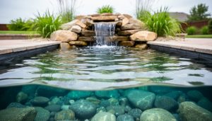 Clear backyard pond water with gently rippling surface, stone waterfall, and submerged rocks surrounded by green plants.