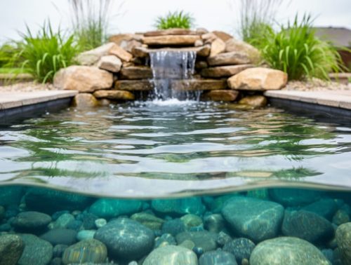 Clear backyard pond water with gently rippling surface, stone waterfall, and submerged rocks surrounded by green plants.