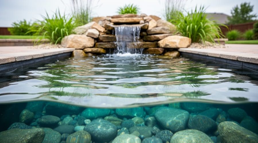 Clear backyard pond water with gently rippling surface, stone waterfall, and submerged rocks surrounded by green plants.