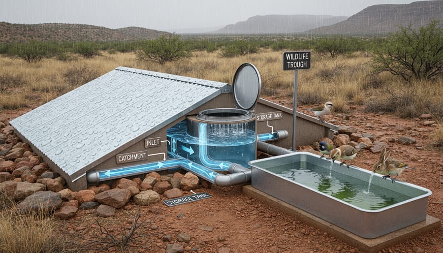 Rain gutters and downspout feeding a wildlife water guzzler reservoir beside a garden pond