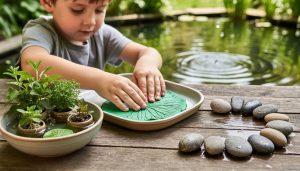 Close-up of hands crafting beside a backyard pond, with lily-pad textured clay, fragrant herbs in a bowl, and smooth pebbles near a small water chime.
