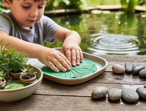 Close-up of hands crafting beside a backyard pond, with lily-pad textured clay, fragrant herbs in a bowl, and smooth pebbles near a small water chime.