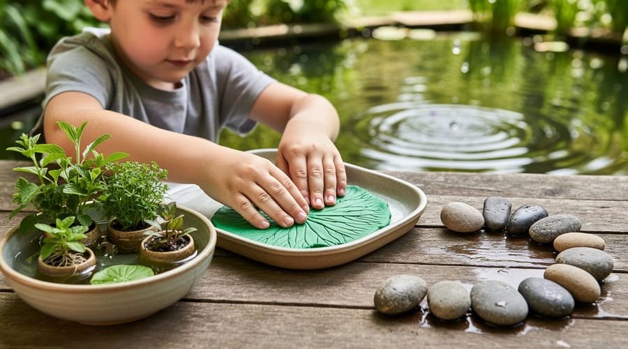 Close-up of hands crafting beside a backyard pond, with lily-pad textured clay, fragrant herbs in a bowl, and smooth pebbles near a small water chime.