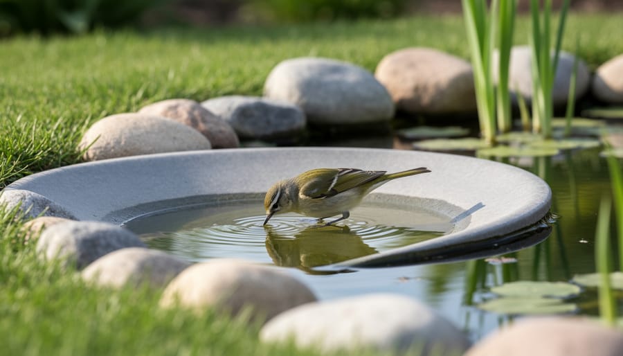 Small bird drinking from the shallow rock edge of a wildlife water guzzler near a garden pond