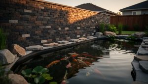 Dark brick thermal mass wall built along the sunny edge of a koi water garden, with pond ripples and aquatic plants in the foreground at dusk.