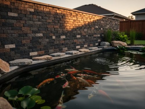 Dark brick thermal mass wall built along the sunny edge of a koi water garden, with pond ripples and aquatic plants in the foreground at dusk.