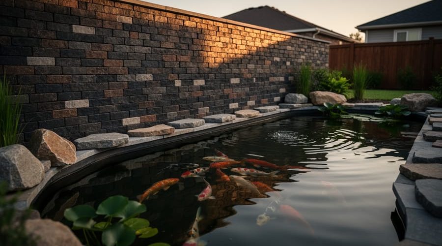 Dark brick thermal mass wall built along the sunny edge of a koi water garden, with pond ripples and aquatic plants in the foreground at dusk.