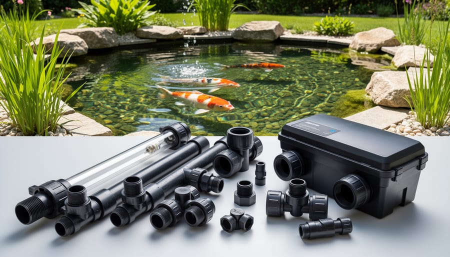 UV clarifier and filtration plumbing installed beside a pond