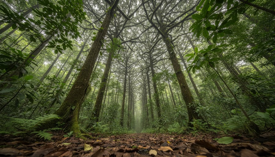 View looking up into a dense layered forest canopy with leaves, branches, and a shadowed understory below