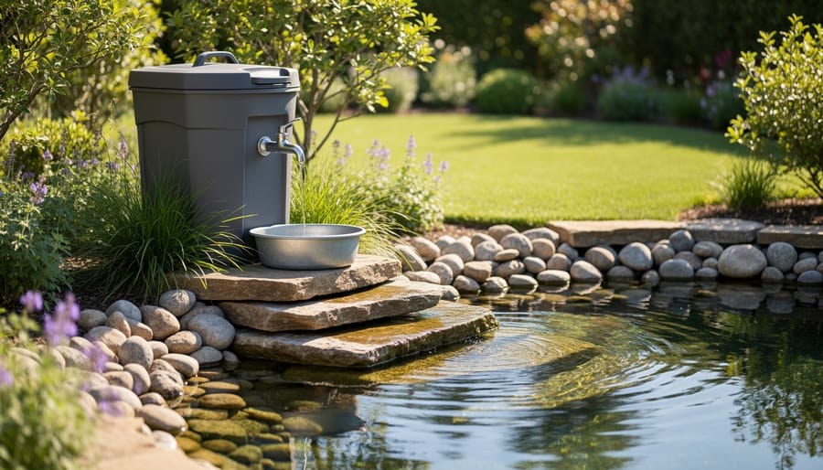 Wildlife water guzzler beside a garden pond with a shallow drinking edge made of smooth rocks