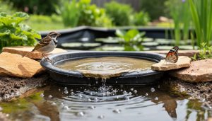A shallow wildlife water guzzler at the edge of a garden pond with a bird and butterfly visiting the drinking platform amid green plants.