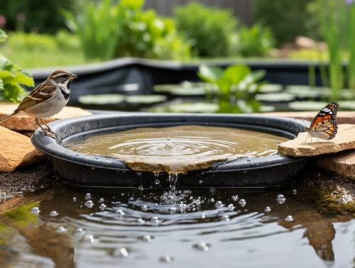 A shallow wildlife water guzzler at the edge of a garden pond with a bird and butterfly visiting the drinking platform amid green plants.