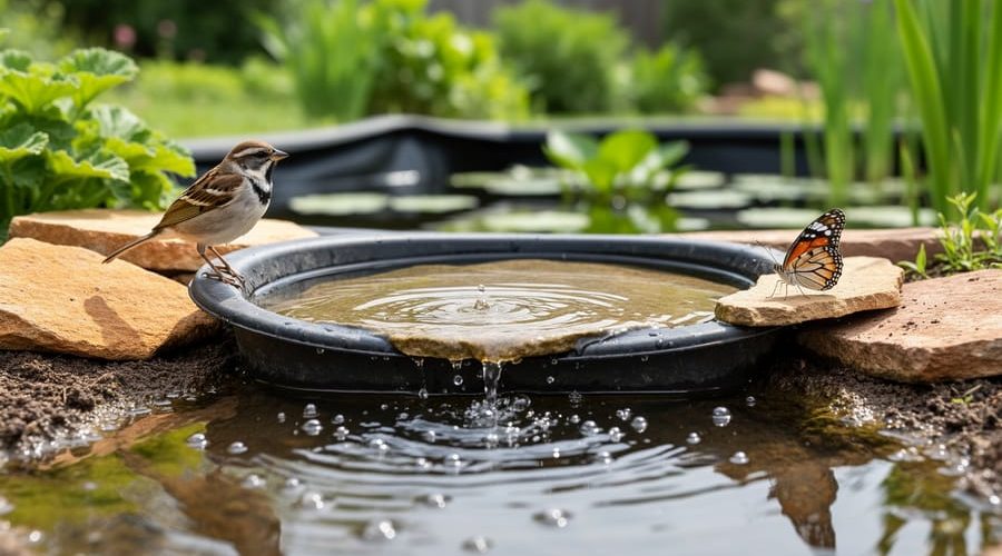 A shallow wildlife water guzzler at the edge of a garden pond with a bird and butterfly visiting the drinking platform amid green plants.