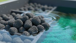 Close-up of porous zeolite mineral media in a koi pond filtration chamber with clear water and blurred pond filter elements in the background.