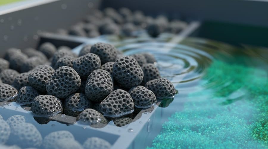 Close-up of porous zeolite mineral media in a koi pond filtration chamber with clear water and blurred pond filter elements in the background.