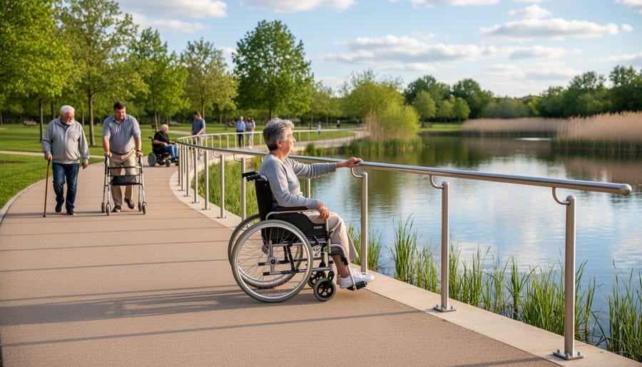 Person using a wheelchair navigating a gently sloped pathway with a handrail toward a pond viewing area.
