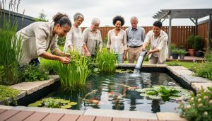Adults collaborating at a small koi pond, inspecting aquatic plants and water filtration tools in a tranquil garden setting