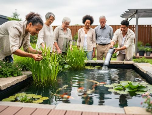 Adults collaborating at a small koi pond, inspecting aquatic plants and water filtration tools in a tranquil garden setting