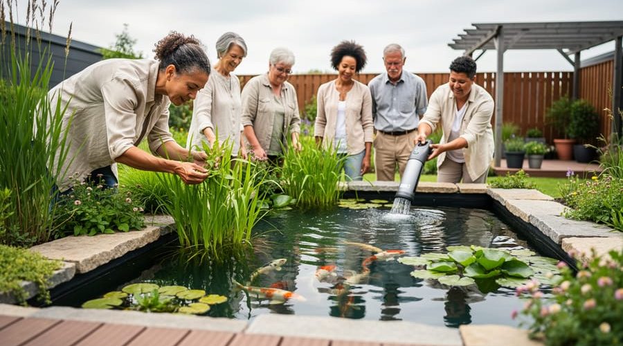 Adults collaborating at a small koi pond, inspecting aquatic plants and water filtration tools in a tranquil garden setting