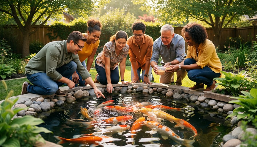 Adult group standing beside a koi pond during a friendly water gardening discussion.