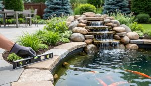 A backyard koi pond with a tiered stone waterfall, framed by boulders and edge planting, with a landscape designer’s hand holding a level near the pond rim.