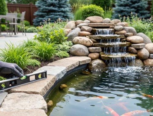 A backyard koi pond with a tiered stone waterfall, framed by boulders and edge planting, with a landscape designer’s hand holding a level near the pond rim.