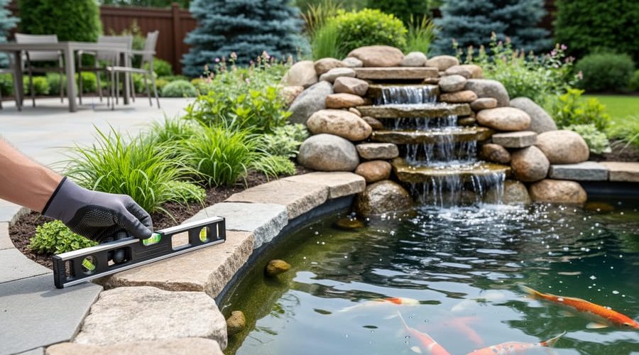 A backyard koi pond with a tiered stone waterfall, framed by boulders and edge planting, with a landscape designer’s hand holding a level near the pond rim.