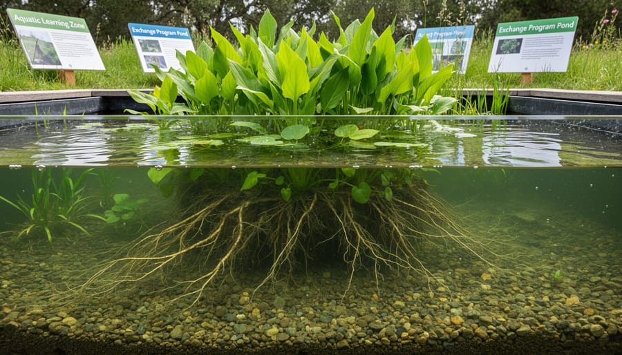 Gardener holding aquatic plant roots and leaves above a pond during golden hour light.