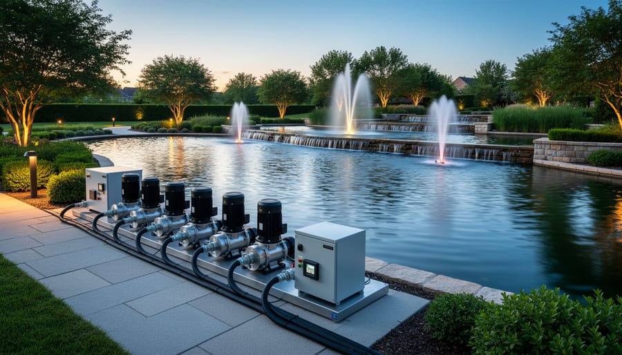 Residential pool at dusk with a running water feature and decorative lighting reflected on the water.