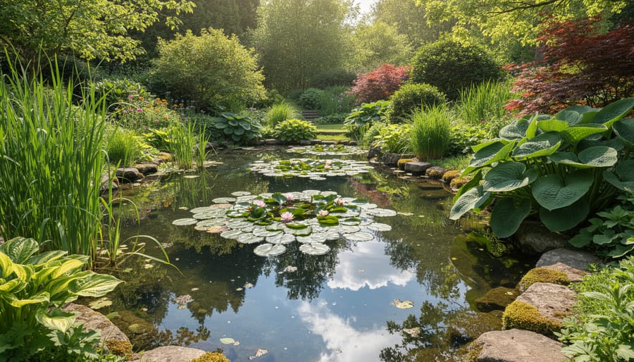 Backyard flora pond with layered aquatic plants, floating leaves, and reeds reflected in the water