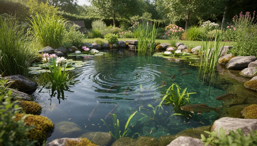 Backyard pond with clear water, floating and submerged plants, and koi fish visible beneath the surface