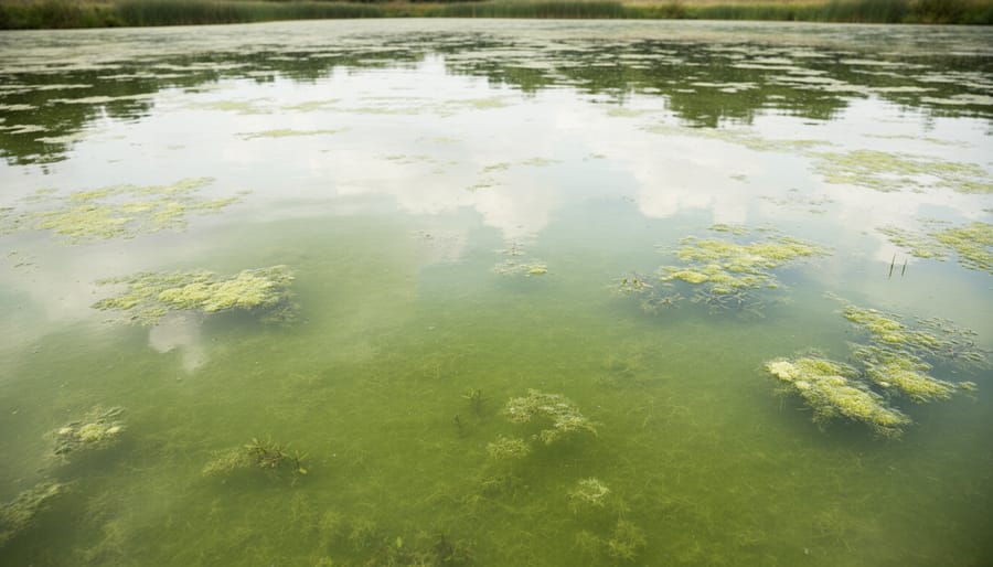 Backyard pond with cloudy green water and floating algae scum on the surface