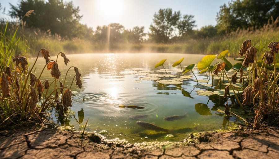 Backyard pond in bright sunlight with lily pads and reeds during a hot weather day