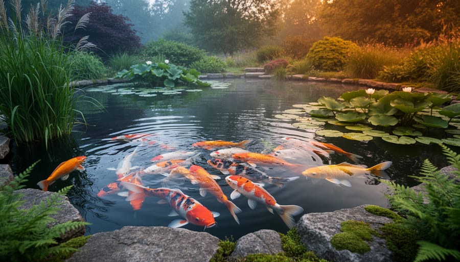 Koi swimming under gently rippling water in a backyard pond with blooming water lilies at golden hour