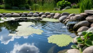 Close-up of a backyard pond with early green algae mats on rocks and small ripples from a water inlet, surrounded by aquatic plants.