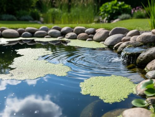 Close-up of a backyard pond with early green algae mats on rocks and small ripples from a water inlet, surrounded by aquatic plants.