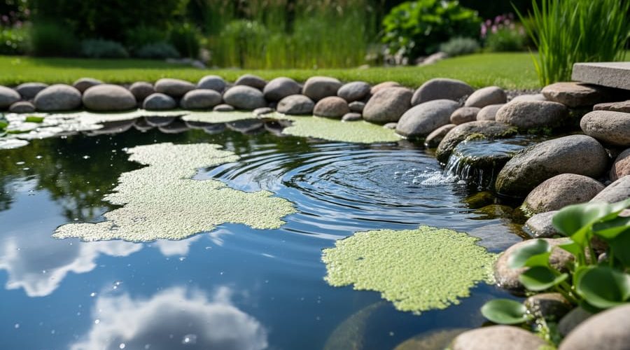Close-up of a backyard pond with early green algae mats on rocks and small ripples from a water inlet, surrounded by aquatic plants.