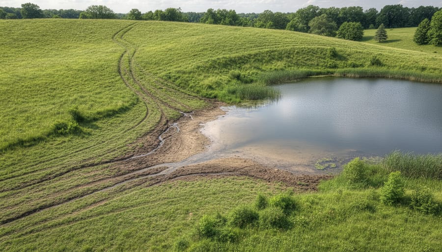 Rainwater runoff flows from a grassy backyard toward a small pond basin.