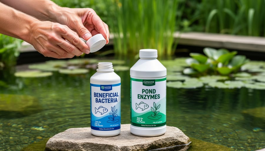 Close-up of hands holding sealed pond beneficial bacteria and enzyme treatment bottles near pond equipment