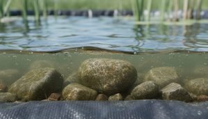 Close-up of a pond’s submerged stones with a thin translucent biofilm layer on the waterline.