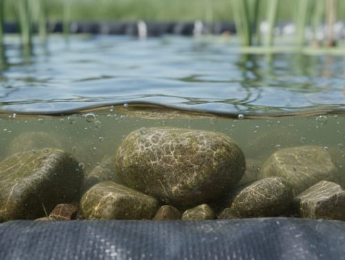 Close-up of a pond’s submerged stones with a thin translucent biofilm layer on the waterline.