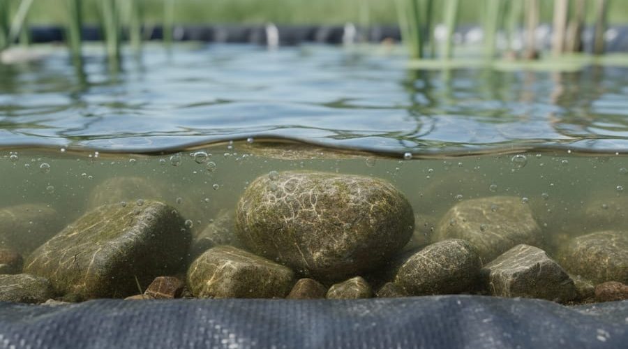Close-up of a pond’s submerged stones with a thin translucent biofilm layer on the waterline.