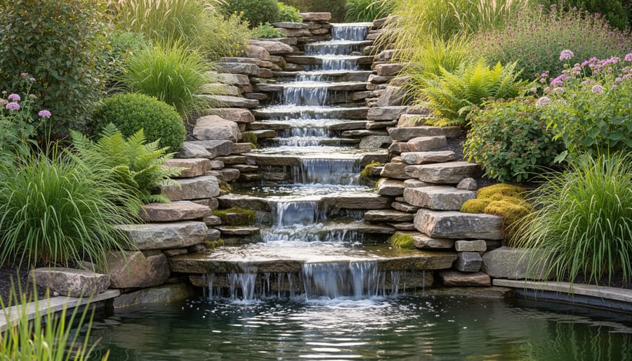 Concrete pond spillway with river rocks and marginal plants blending into a landscaped backyard water garden.