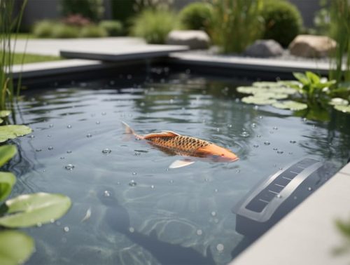 Koi fish swimming in clear water of a healthy backyard water garden with green aquatic plants and soft natural daylight reflections.
