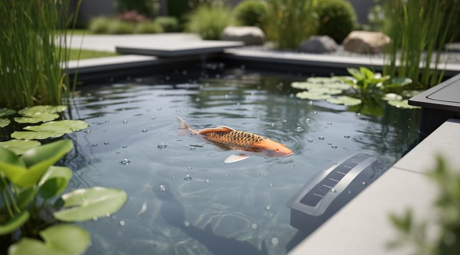 Koi fish swimming in clear water of a healthy backyard water garden with green aquatic plants and soft natural daylight reflections.