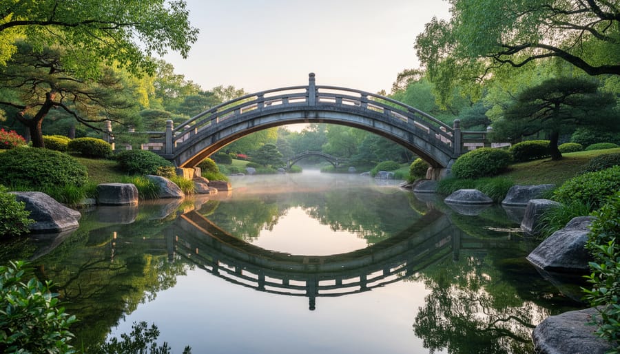 Arched bridge spanning calm water in a custom pond at dusk with koi visible beneath the surface.