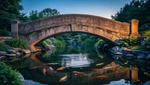 Arched weathered bridge over a calm backyard pond at dusk with koi visible beneath the water and surrounding plants reflecting on the surface.