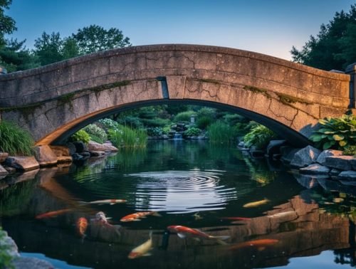 Arched weathered bridge over a calm backyard pond at dusk with koi visible beneath the water and surrounding plants reflecting on the surface.