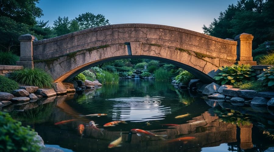 Arched weathered bridge over a calm backyard pond at dusk with koi visible beneath the water and surrounding plants reflecting on the surface.